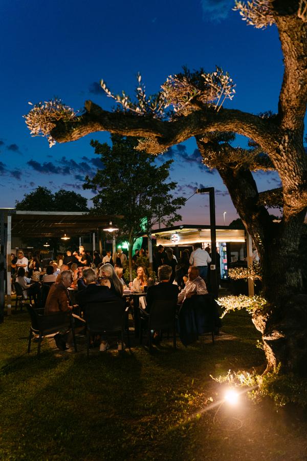 Cena nel giardino illuminato sotto l'ulivo